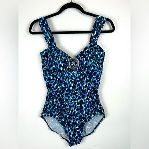 Miraclesuit One Piece Swimsuit Size 6 Black Blue Animal‎ Print Slimming Padded